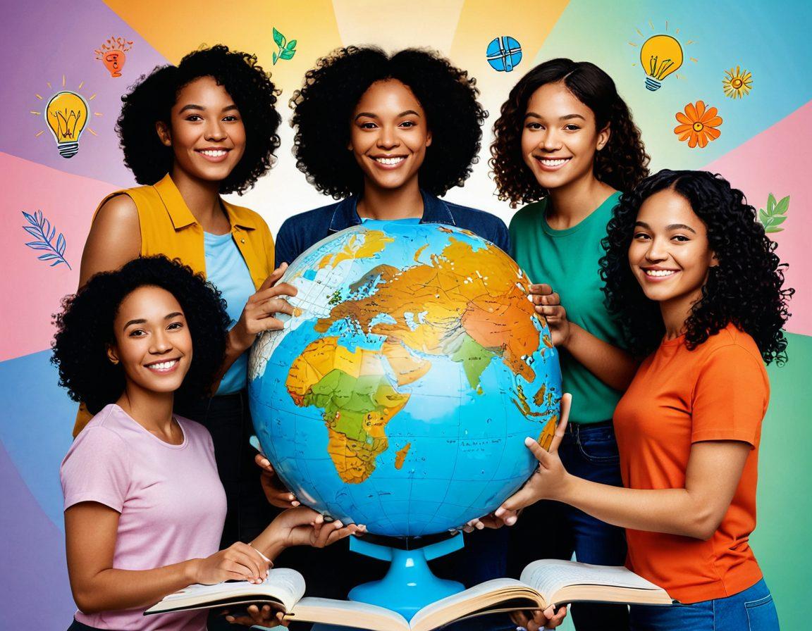 A diverse group of young women of various ethnicities smiling and engaged in a collaborative activity, surrounded by symbols of empowerment like books, plants, and leadership icons. The scene conveys a sense of camaraderie, strength, and support. Vibrant colors bring energy to the image, capturing the essence of friendship and leadership. Soft background elements hint at a nurturing environment. super-realistic. vibrant colors. 3D.