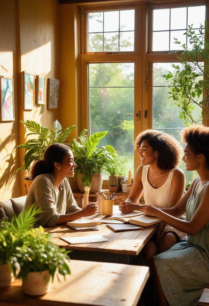 A diverse group of women of various ethnicities engaged in a collaborative discussion, surrounded by elements representing empowerment such as books, plants, and art supplies. They are smiling and sharing ideas in a cozy, sunlit café atmosphere. Inspirational quotes are subtly displayed on the walls. super-realistic. vibrant colors. warm lighting.