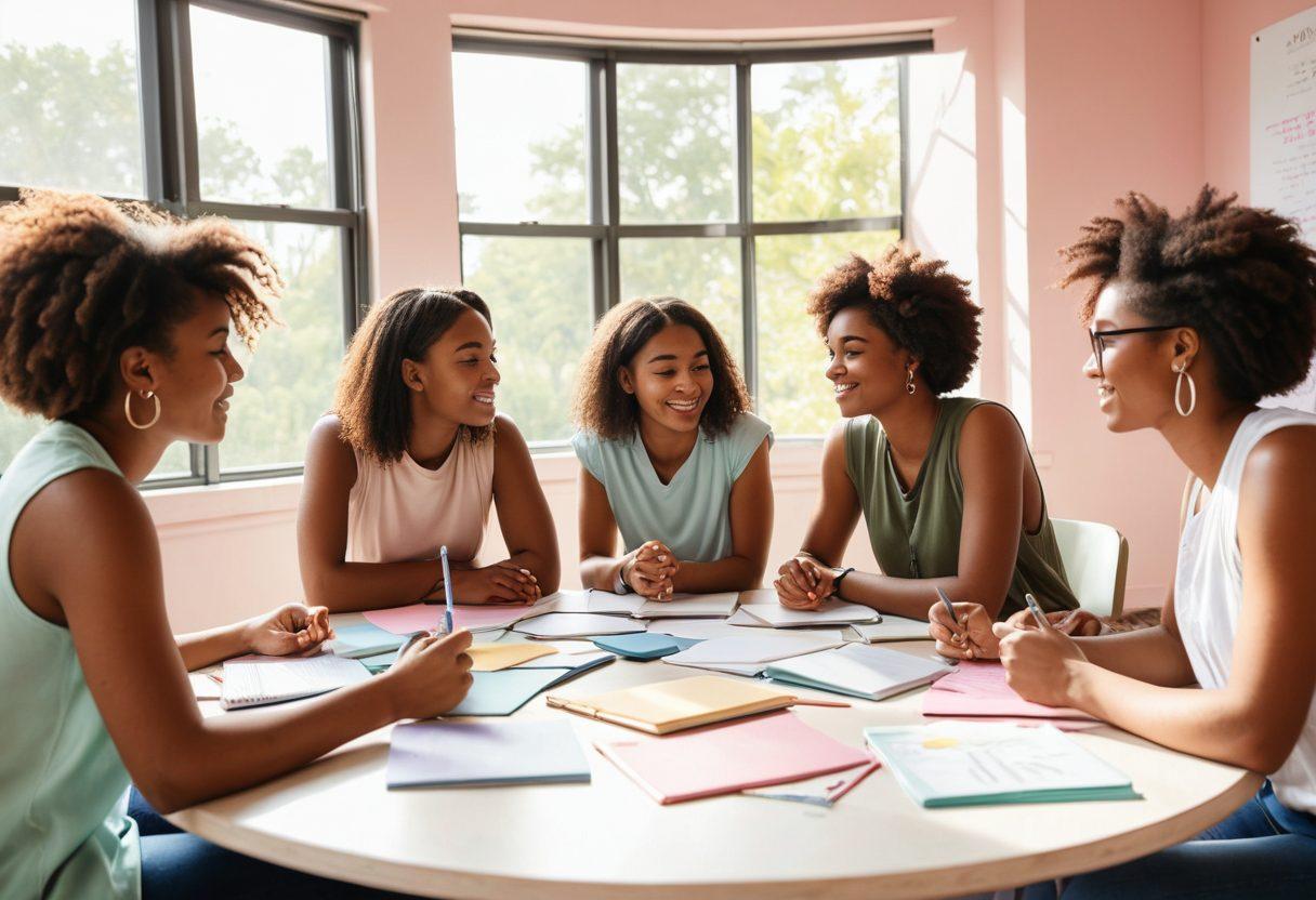 A diverse group of young women engaging in a leadership workshop, sitting around a circular table filled with tools like notebooks, laptops, and inspirational quotes. They are deep in discussion, showcasing confidence and collaboration. The background features motivational posters and a window revealing a bright sunny day outside, symbolizing hope and growth. Soft pastel colors with a focus on warmth and empowerment. vibrant colors. soft focus.